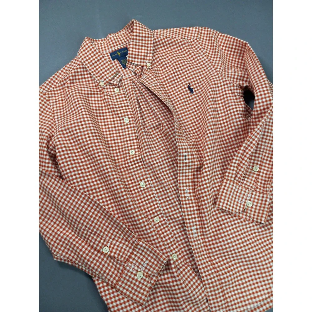 Ralph Lauren Kids Orange Gingham Button Down Shirt Size M 10-12 Cotton Pony Logo